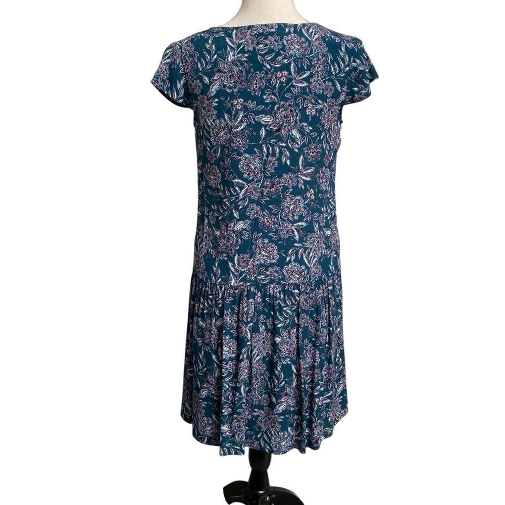 Garnet Hill Teal Floral Dress XS 0 V Neck Pleated Pockets Lined Viscose - Picture 10 of 15